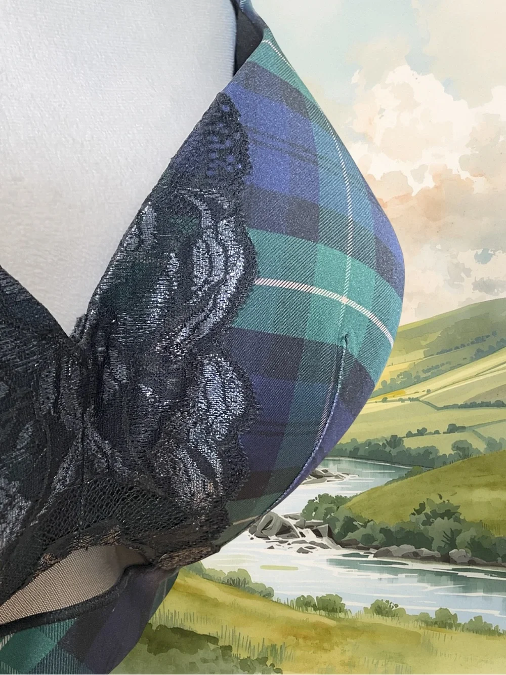 CACIQUE Women's 40I NWOT Lightly Lined Balconette Bra Plaid Tartan Lace Green - Picture 3 of 10